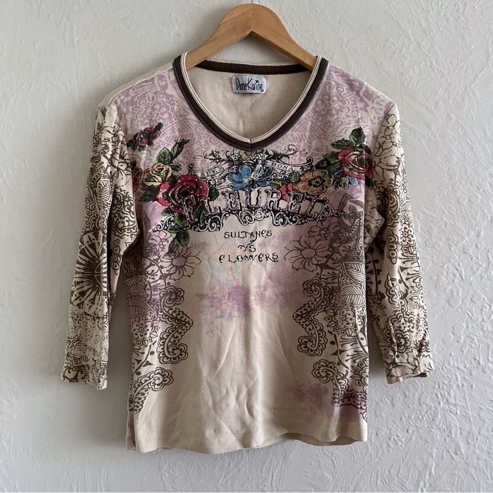 Vintage Floral Graphic Print Collage Art Nouveau Shirt Size L